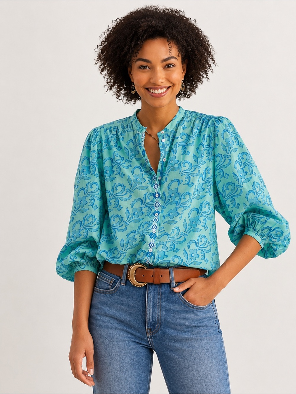 Sundance Faron Floral 100% Cotton Button Down Embroidered Balloon Sleeve Tunic - Picture 11 of 11